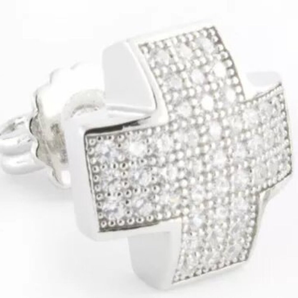 Sterling Silver Rhodium CZ Stone Cross Men's Stud Earrings